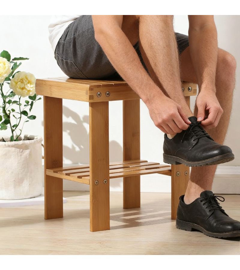 Tall Version Solid Wood Entryway Stool with Double Layer Shoe Storage - Image 3