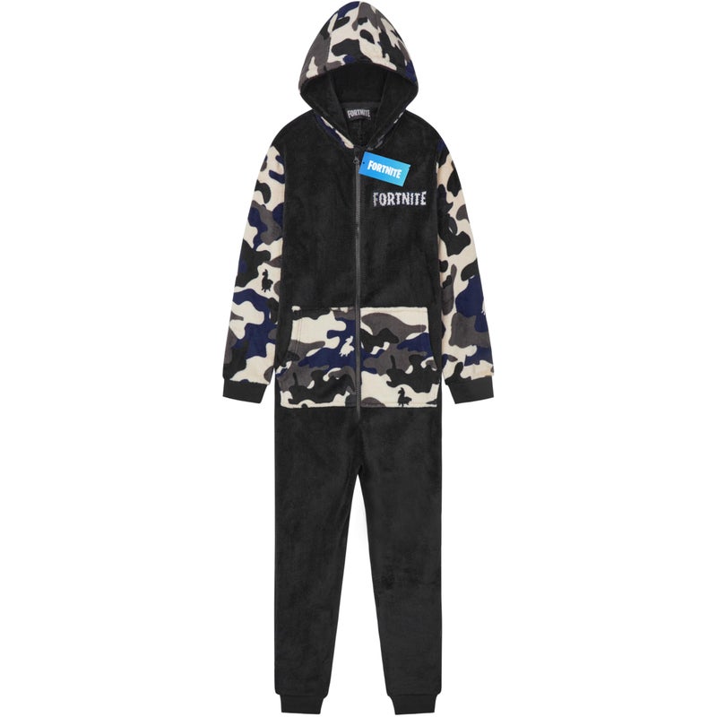 Get Trend Fortnite One Piece Pajamas for Boys Teens Fleece Jumpsuit Hooded Sleepwear Cozy Gamer PJ Loungewear PJs Gifts for Boys 1112 Years Black Camo Fortnite - Image 2