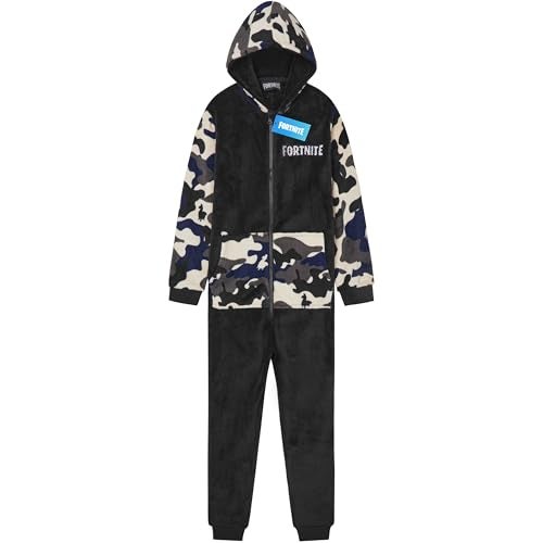 Get Trend Fortnite One Piece Pajamas for Boys Teens Fleece Jumpsuit Hooded Sleepwear Cozy Gamer PJ Loungewear PJs Gifts for Boys 1112 Years Black Camo Fortnite - Image 1