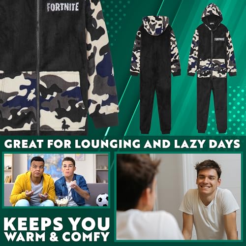 Get Trend Fortnite One Piece Pajamas for Boys Teens Fleece Jumpsuit Hooded Sleepwear Cozy Gamer PJ Loungewear PJs Gifts for Boys 1112 Years Black Camo Fortnite - Image 3