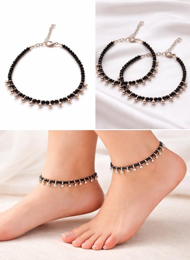 Jyokrish Metal Silver Hanging Beads with Glossy Black Moti Chain Anklet |For Women |Girls |Black Nazariya |Pair of 1 |Good Luck |Workwear |Payal Charms| Fold Over Clasp
