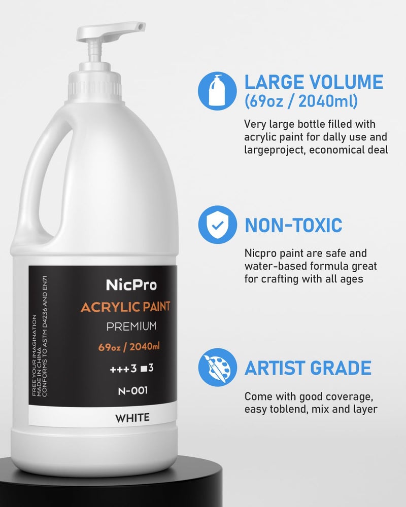 Nicpro White Large Acrylic Paint Set (69 oz, 2040 ml) Rich Art Painting Supplies Non Toxic for Multi Surface, Canvas, Wood, Leather, Fabric Stone Craft, for Beginner & Artist with Pump - Image 2