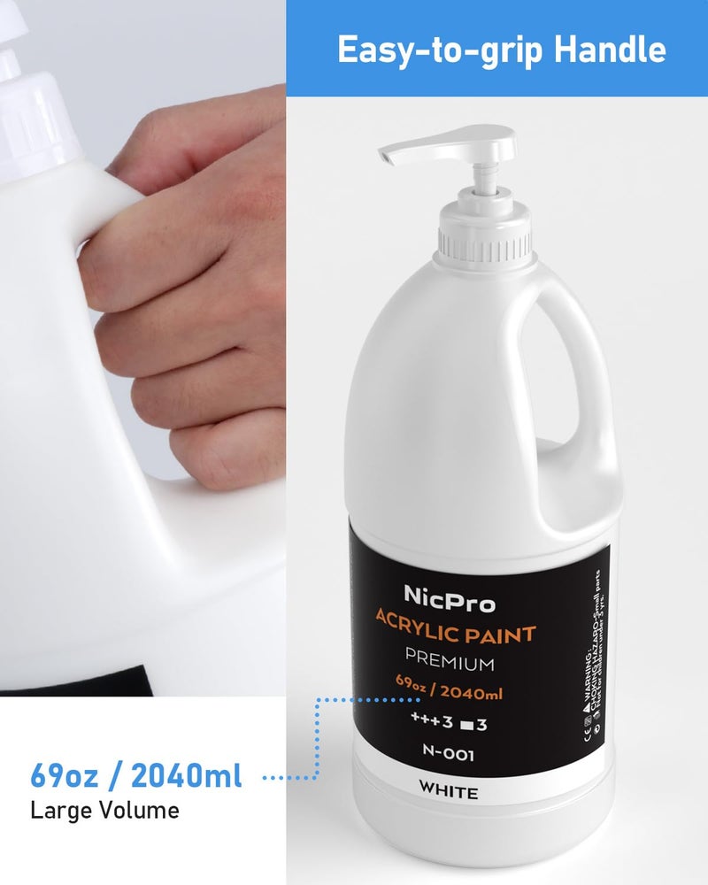 Nicpro White Large Acrylic Paint Set (69 oz, 2040 ml) Rich Art Painting Supplies Non Toxic for Multi Surface, Canvas, Wood, Leather, Fabric Stone Craft, for Beginner & Artist with Pump - Image 5