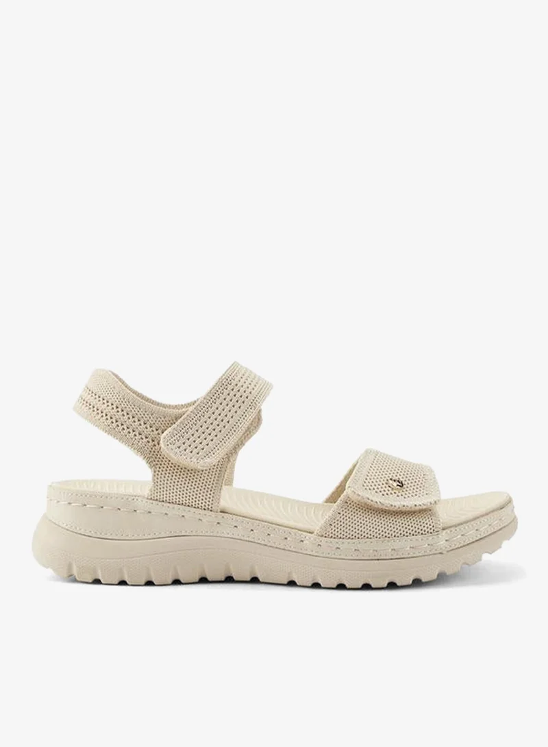 Flora Bella By Shoexpress CREAM Textured Open Toe Sandals with Hook and Loop Closure for Women | Best Price UAE