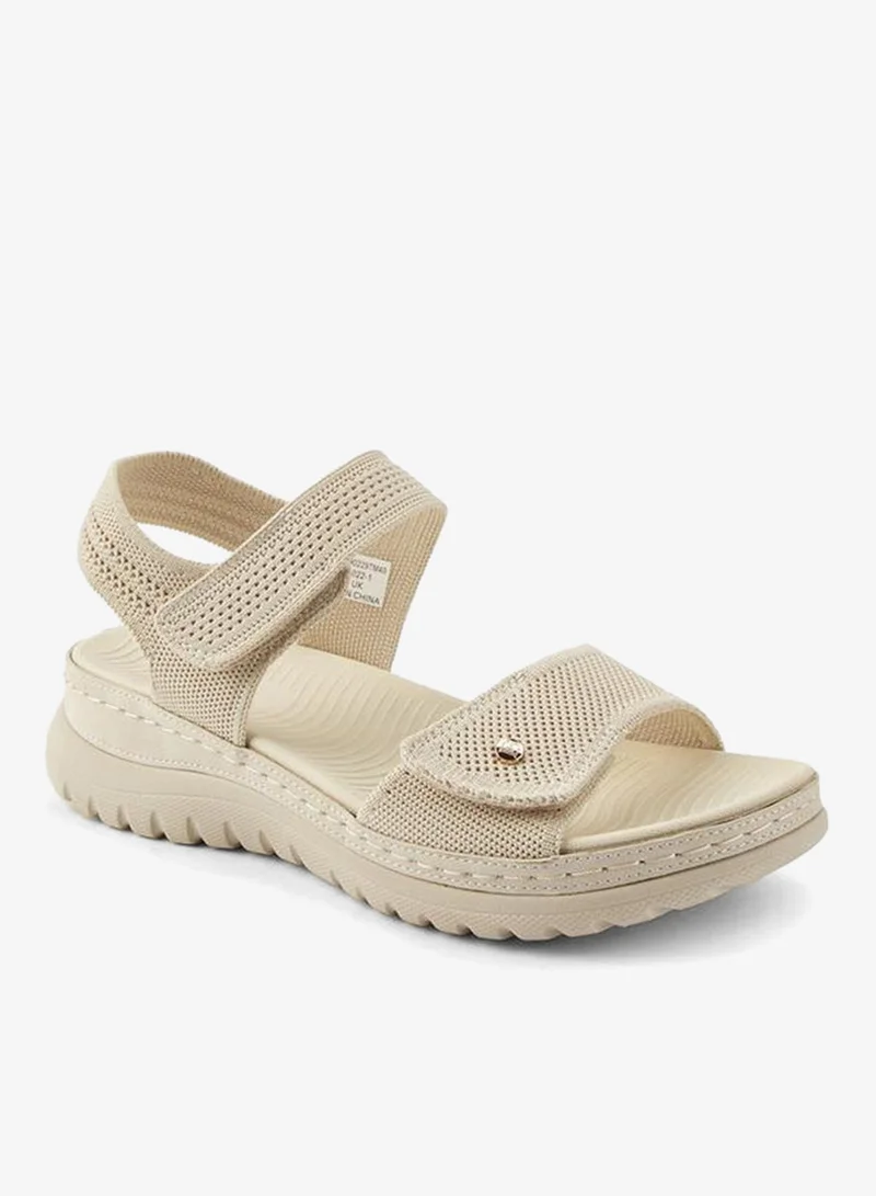 Flora Bella By Shoexpress CREAM Textured Open Toe Sandals with Hook and Loop Closure for Women | Best Price UAE