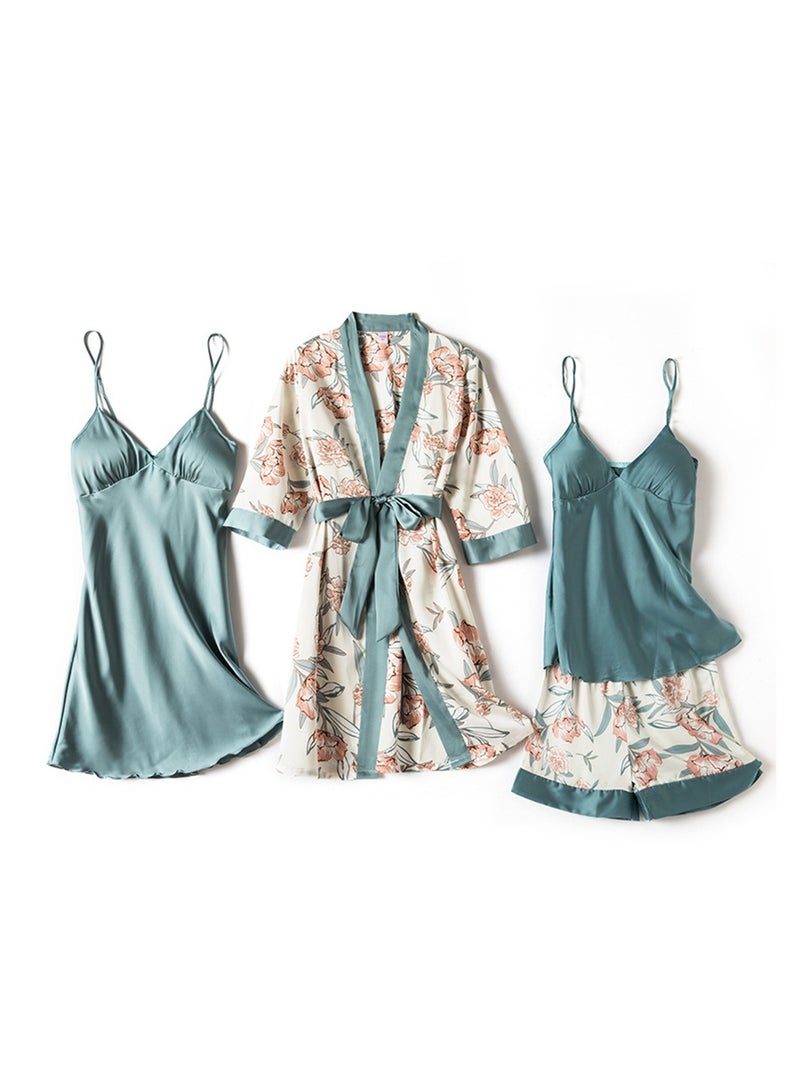 4pcs ice silk pajamas suspenders long sleeve thin silk printed pajamas set  - Image 1