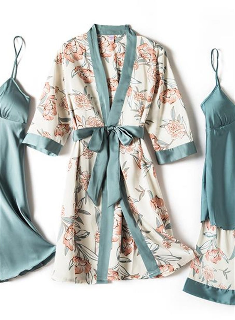 4pcs ice silk pajamas suspenders long sleeve thin silk printed pajamas set  - Image 4