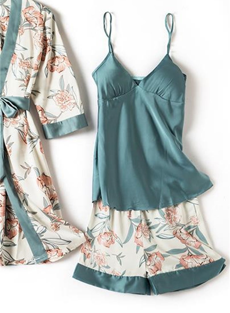 4pcs ice silk pajamas suspenders long sleeve thin silk printed pajamas set  - Image 3
