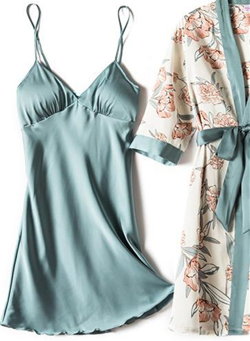 4pcs ice silk pajamas suspenders long sleeve thin silk printed pajamas set  - Image 2