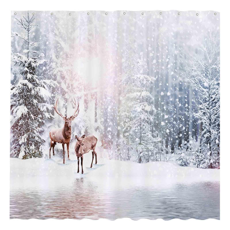 Allenjoy 72x72 inch Winter Theme Merry Christmas Shower Curtain Set Nature Forest Snowy Scenery Deer Bathroom Curtain Durable Waterproof Fabric Bathtub Sets Home Decor