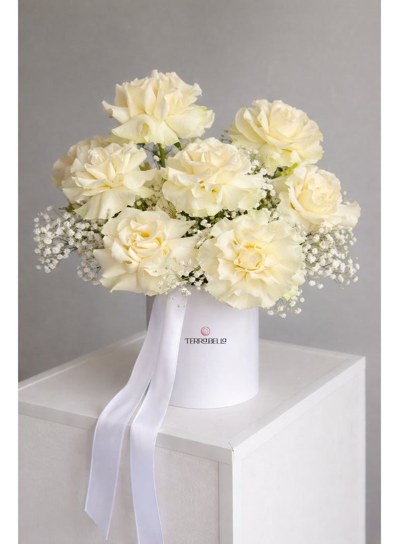 Cream Elegance Box Bouquet - Fresh Live Flowers