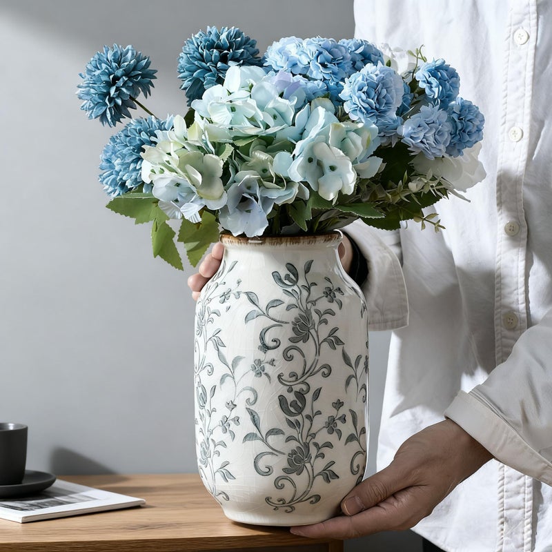 SIDUCAL Ceramic Vintage Vase, 8.78 Inch Chinoiserie Floral Vase, Retro Ice Cracked Rustic Farmhouse Vases for Home Decor, Living Room, Bookshelf, Office, Tuscan Decor, Gray Floral Pattern - Image 4