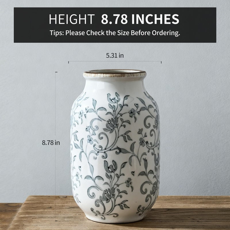 SIDUCAL Ceramic Vintage Vase, 8.78 Inch Chinoiserie Floral Vase, Retro Ice Cracked Rustic Farmhouse Vases for Home Decor, Living Room, Bookshelf, Office, Tuscan Decor, Gray Floral Pattern - Image 2