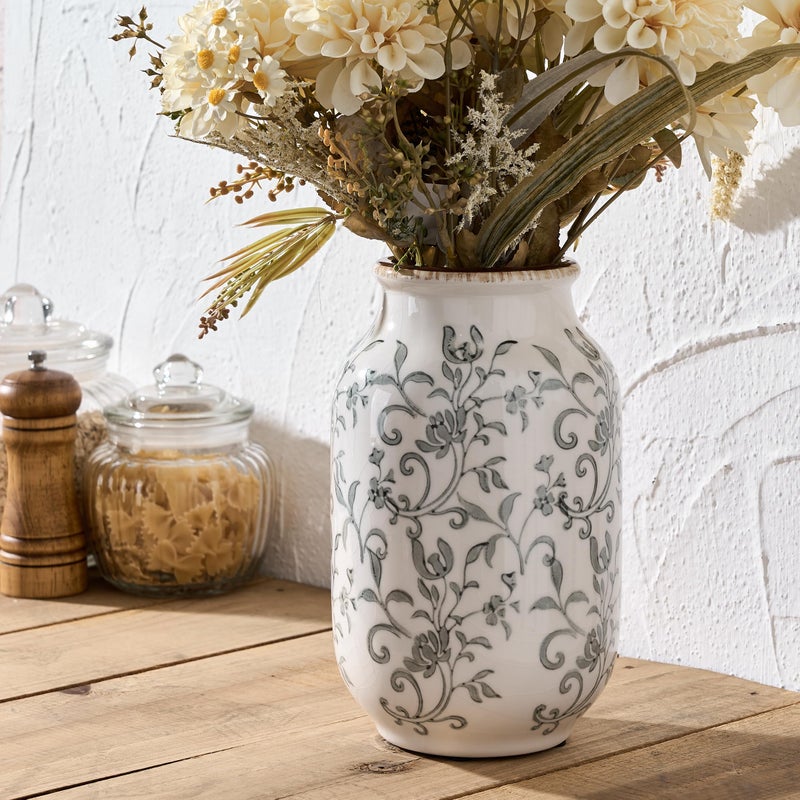 SIDUCAL Ceramic Vintage Vase, 8.78 Inch Chinoiserie Floral Vase, Retro Ice Cracked Rustic Farmhouse Vases for Home Decor, Living Room, Bookshelf, Office, Tuscan Decor, Gray Floral Pattern - Image 5
