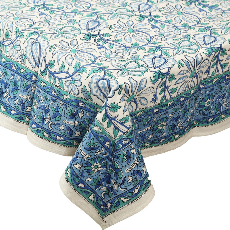 India Arts Hand Block Print Tablecloth 72x72 Square, 100% Cotton Blue Green Floral Table Cloth for Kitchen Dining Linen, Weddings, Holiday Party, Restaurant, Spring/Summer/Fall Home Decor - Image 1