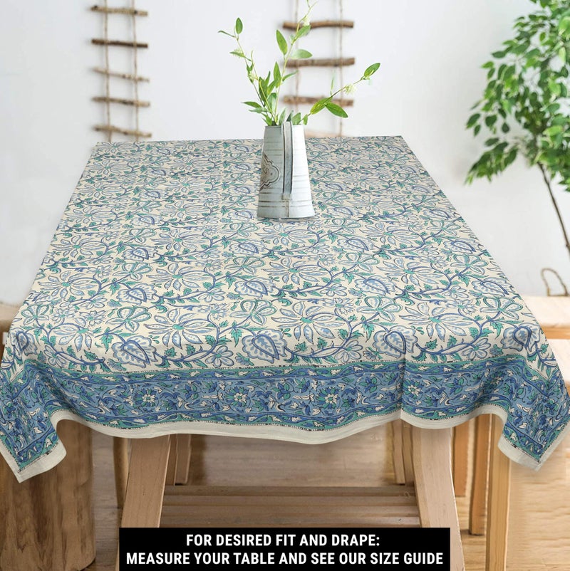 India Arts Hand Block Print Tablecloth 72x72 Square, 100% Cotton Blue Green Floral Table Cloth for Kitchen Dining Linen, Weddings, Holiday Party, Restaurant, Spring/Summer/Fall Home Decor - Image 2