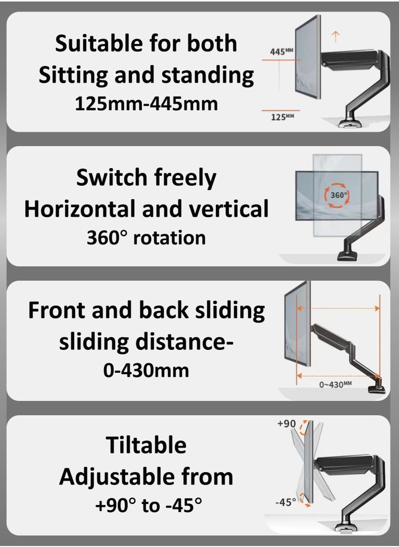 YooA - 17" to 35" Single Monitor Arm Desk Mount | Gas Spring Monitor Single Arm Stand, Full Motion Articulating Height Adjustable,Fits 17" to 35" Inch LCD LED Screens Computer Monitor, Fits 21 22 23 24 27 29 30 32 Inch etc, VESA 75x75/100x100mm, Clamp and Grommet Base,With detailed instruction manual(Holds up to 2-10KG) - Image 1
