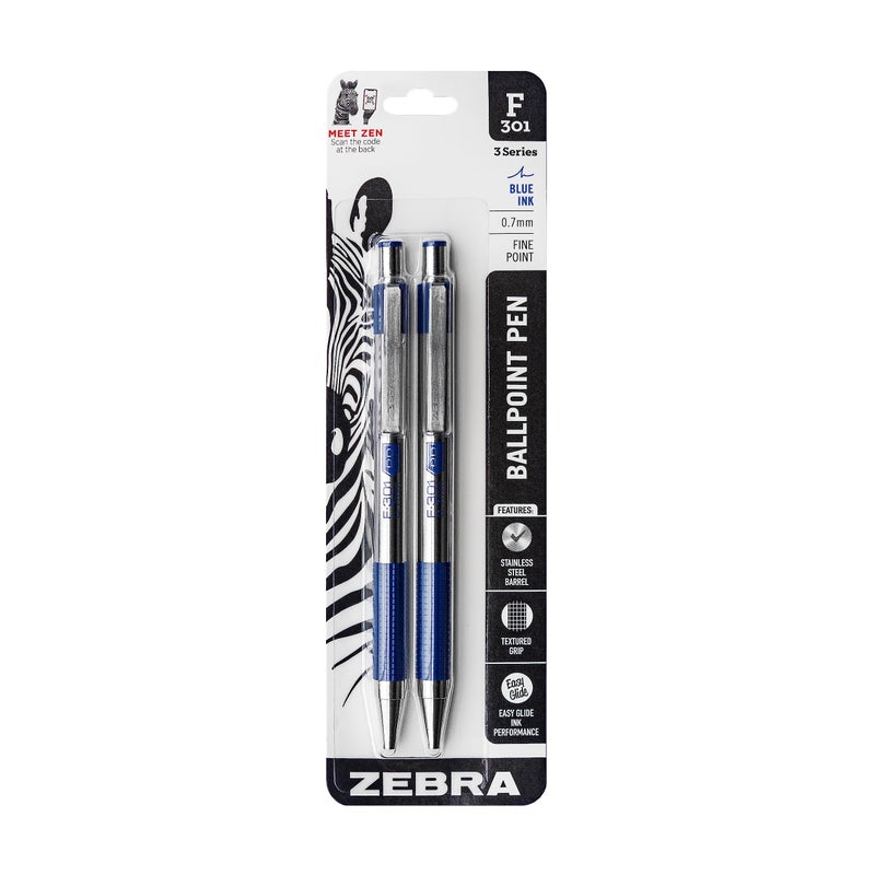 Zebra Pen F-301 Ballpoint Blue Ink Fine Point 0.7mm Pen, Easy-Glide Ink, Stainless Steel Retractable, Non-Slip Grip, Professional Design, Ideal for Office, Journal and Planner Use, 2-Pack (27122) - Image 1