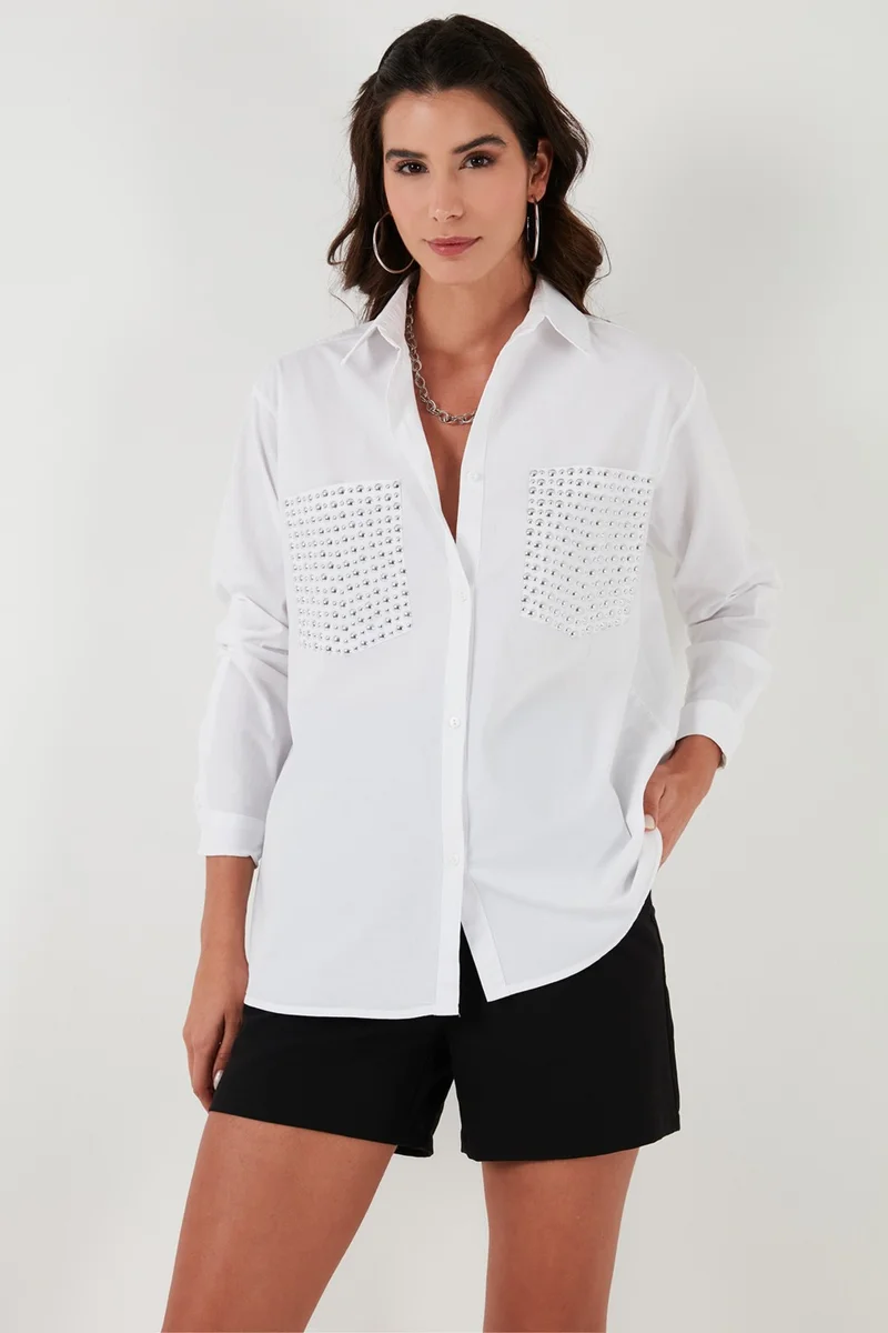 ليلا Women's Shirt 100% Cotton Oversize Shirt with Stone Detail on Pockets 51444782