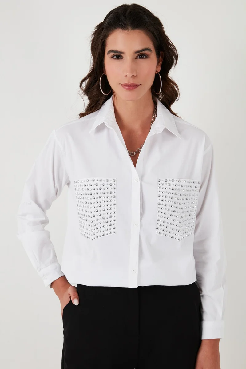 ليلا Women's Shirt 100% Cotton Oversize Shirt with Stone Detail on Pockets 51444782