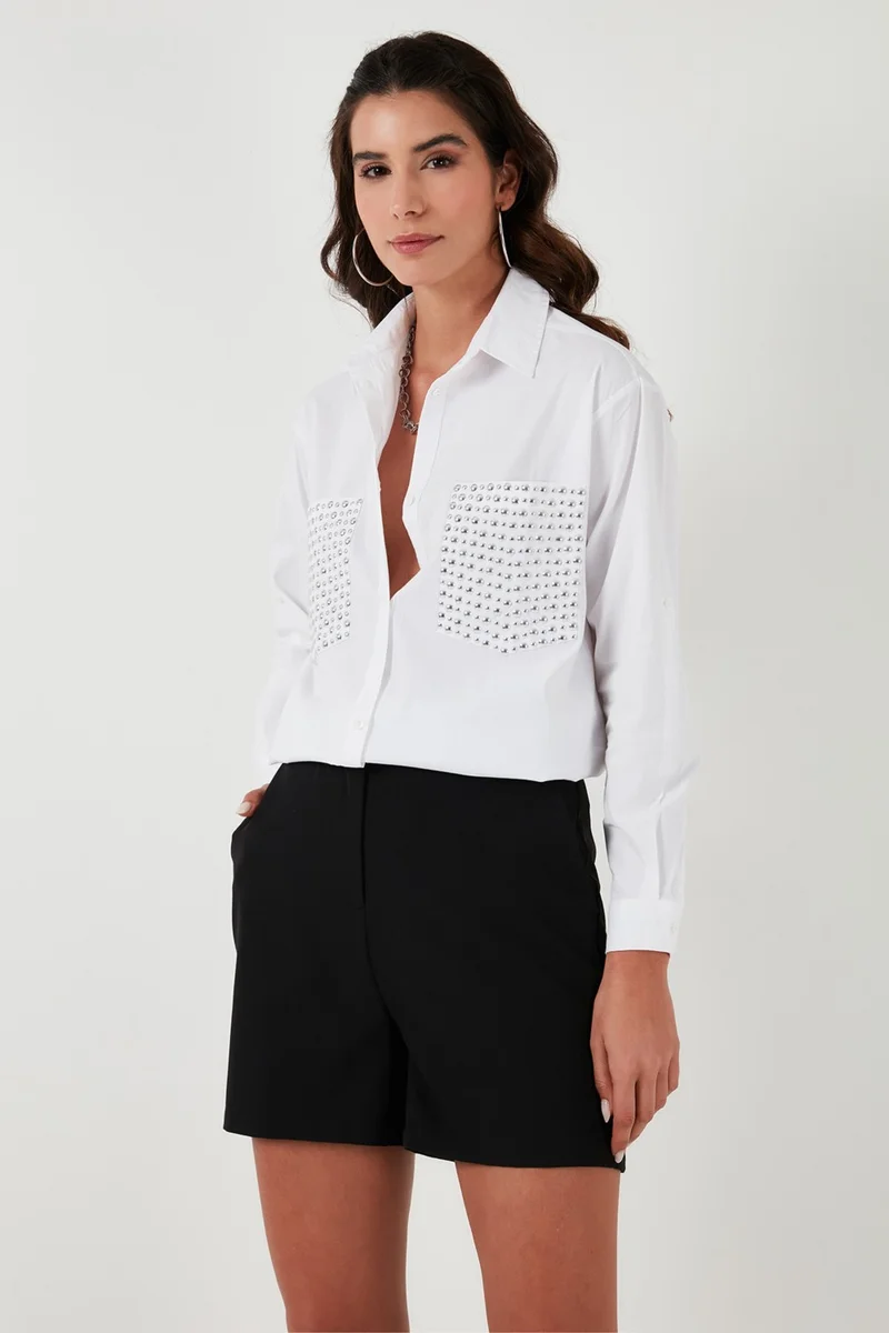 ليلا Women's Shirt 100% Cotton Oversize Shirt with Stone Detail on Pockets 51444782