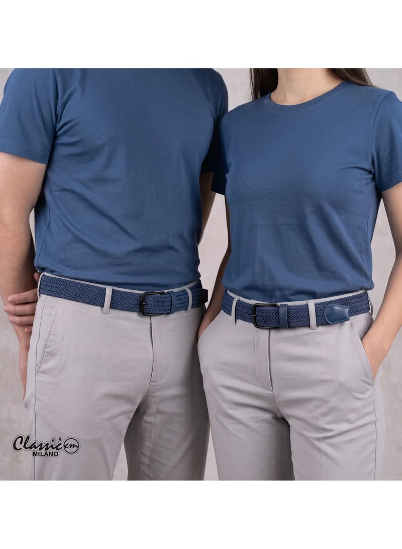 Classic Milano Blue (DWE-317) Classic Milano Braided Cotton Elastic Stretch Belt for Men & Women, Woven Canvas Web Belt with Gift Box, Adjustable Men's Belt | Full Length: 110CM (Free Size - Fits up to the waist of 40 Inches / 100 CM)  | Best Price UAE