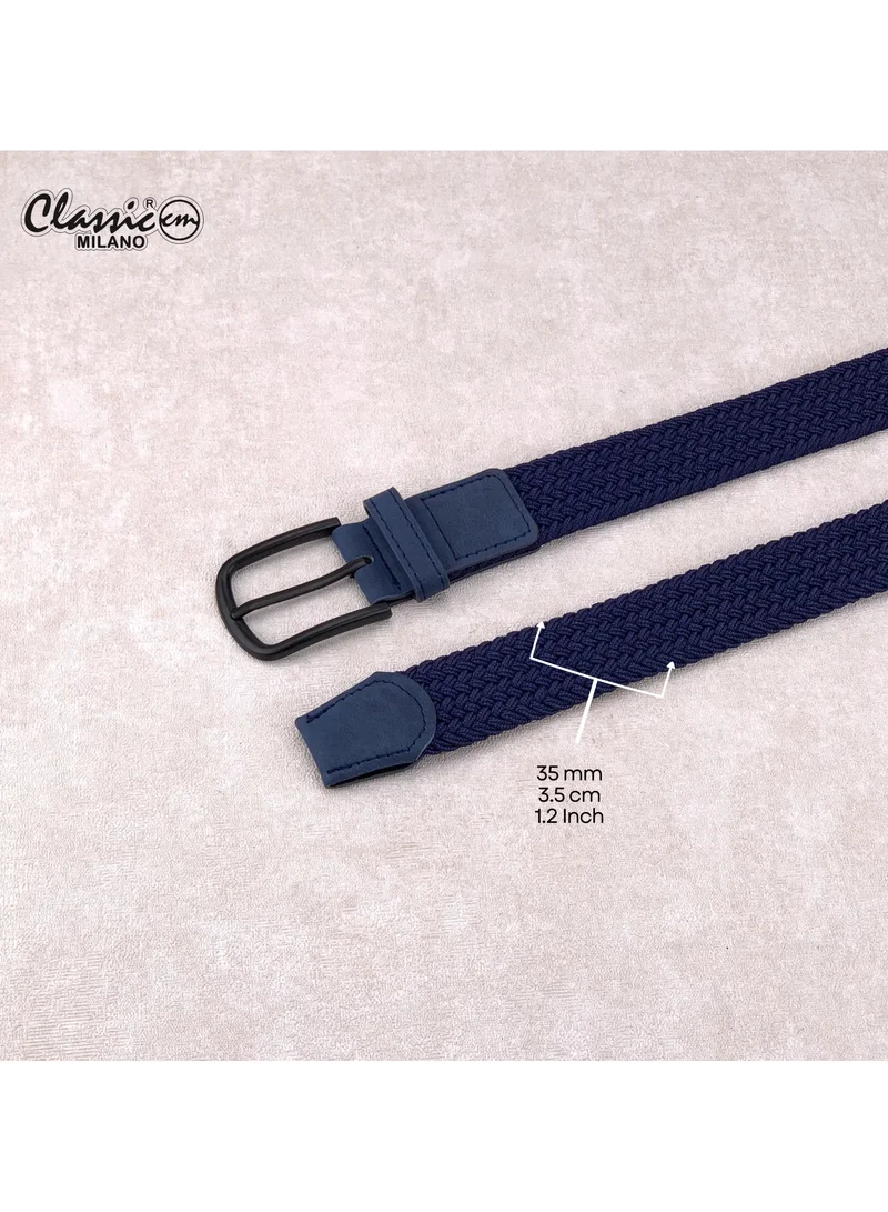 Classic Milano Blue (DWE-317) Classic Milano Braided Cotton Elastic Stretch Belt for Men & Women, Woven Canvas Web Belt with Gift Box, Adjustable Men's Belt | Full Length: 110CM (Free Size - Fits up to the waist of 40 Inches / 100 CM)  | Best Price UAE