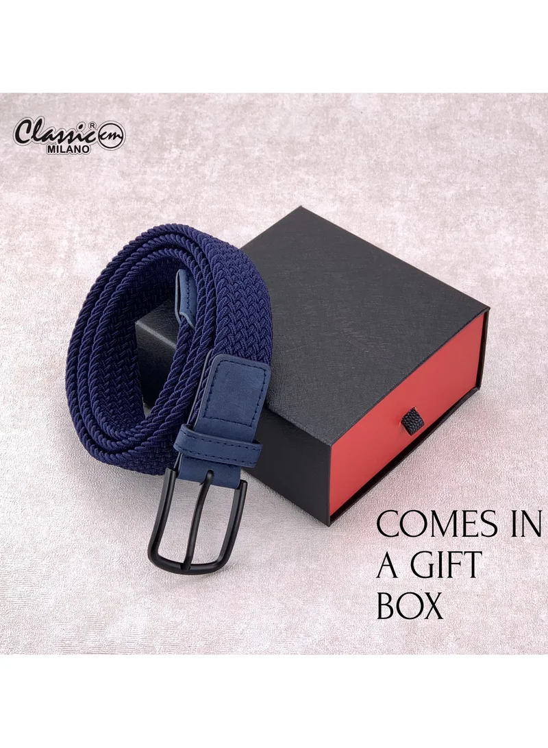 Classic Milano Blue (DWE-317) Classic Milano Braided Cotton Elastic Stretch Belt for Men & Women, Woven Canvas Web Belt with Gift Box, Adjustable Men's Belt | Full Length: 110CM (Free Size - Fits up to the waist of 40 Inches / 100 CM)  | Best Price UAE