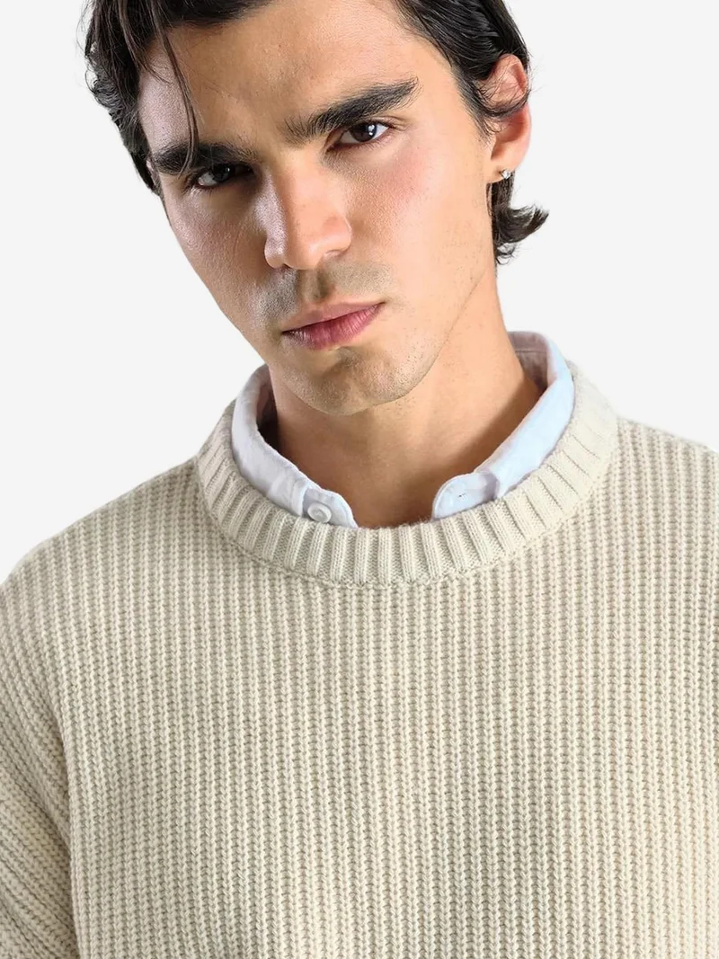 Giesto Ivory Natural GIESTO Thick Ribbed Knitwear Crew Neck Sweater for Men | Best Price UAE
