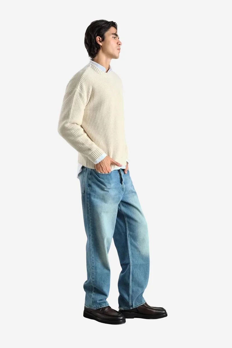 Giesto Ivory Natural GIESTO Thick Ribbed Knitwear Crew Neck Sweater for Men | Best Price UAE