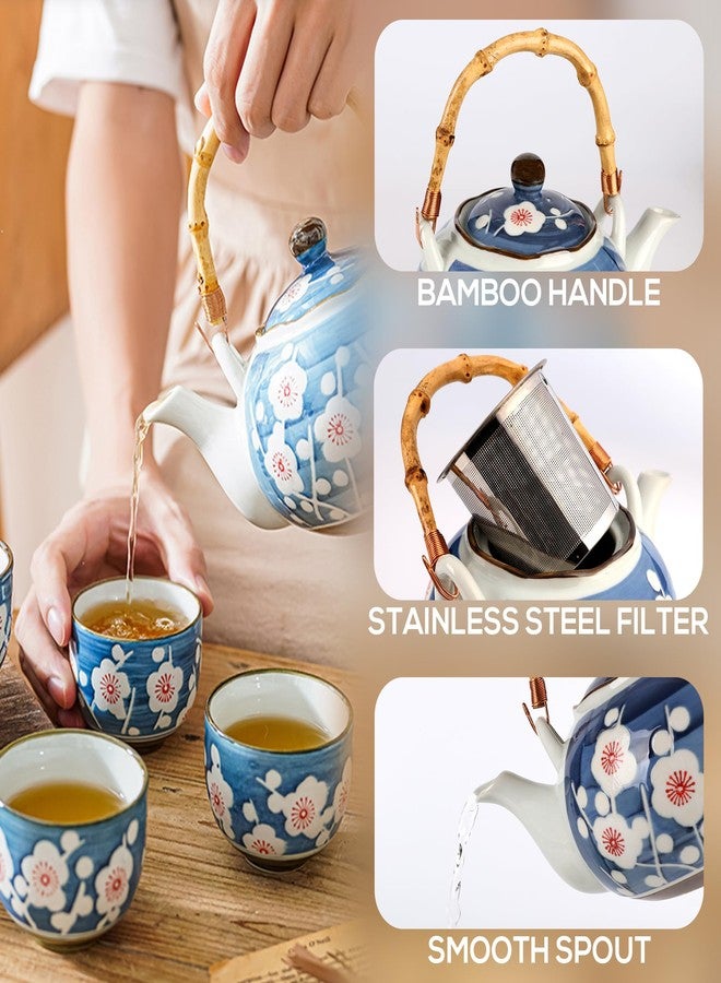 PUNNIO Japanese Tea Set, Japanese Style Porcelain Tea Sets for Adult, 1 Ceramic Tea Pot with Handle & 1 Stainless Steel Tea Filter & 4 Tea Cups (Sakura) - Image 5
