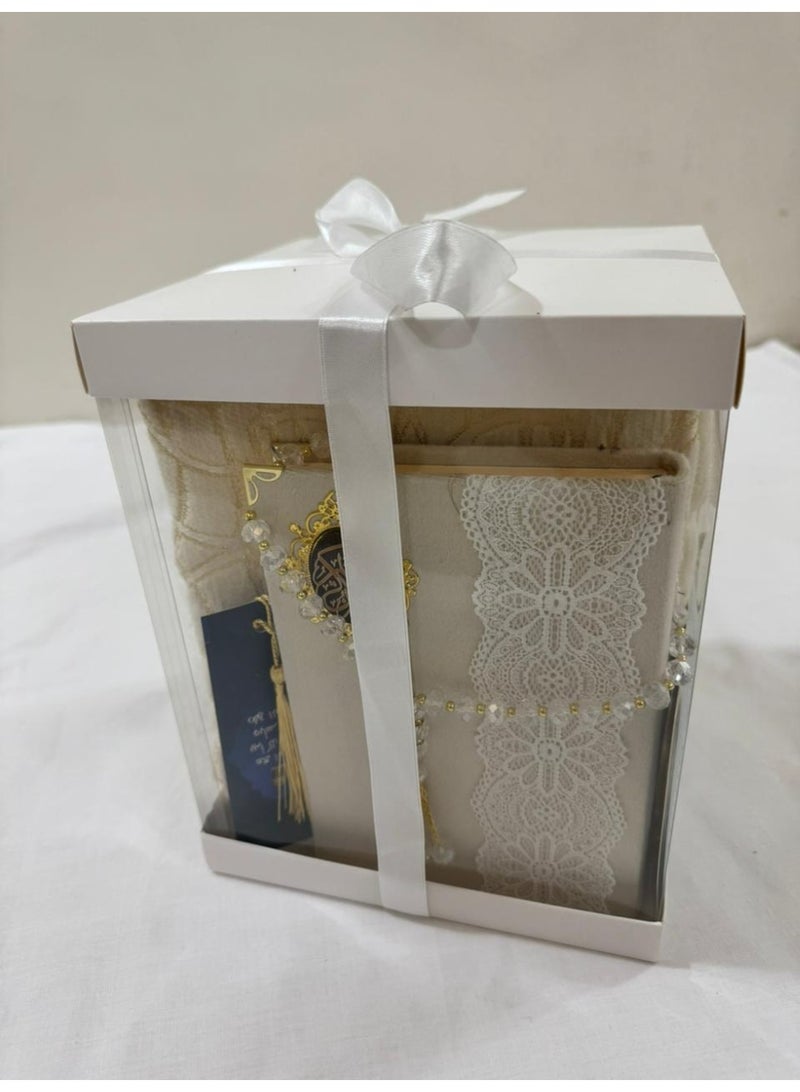 Brides Prayer set consisting of a Quran, prayer mat, prayer beads, and Quran bookmark - Image 1