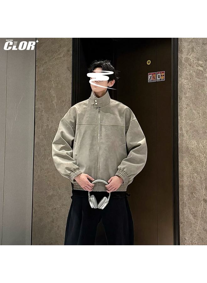 Clor Tie-dye Vintage Jacket Men Autumn Winter Pu Leather Loose Casual Stand Collar Leather Jacket Jk13 Gray M - Image 2