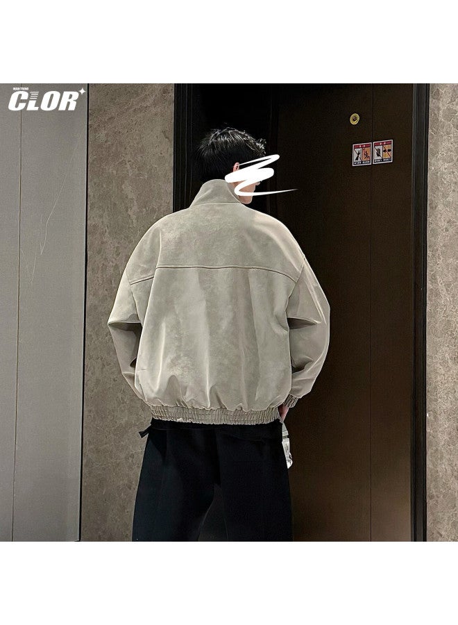 Clor Tie-dye Vintage Jacket Men Autumn Winter Pu Leather Loose Casual Stand Collar Leather Jacket Jk13 Gray M - Image 3