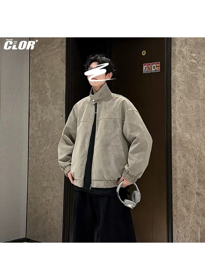 Clor Tie-dye Vintage Jacket Men Autumn Winter Pu Leather Loose Casual Stand Collar Leather Jacket Jk13 Gray M - Image 1