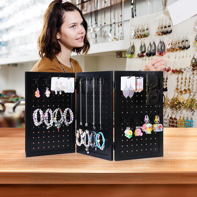 humberboat Wooden Foldable and Portable 3-Panel Pegboard Jewelry Display Organizer with 24 Removable Black Metal Hooks for Bracelets, Earrings and Keychains, Versatile Countertop Rack for Store, Black - Image 5