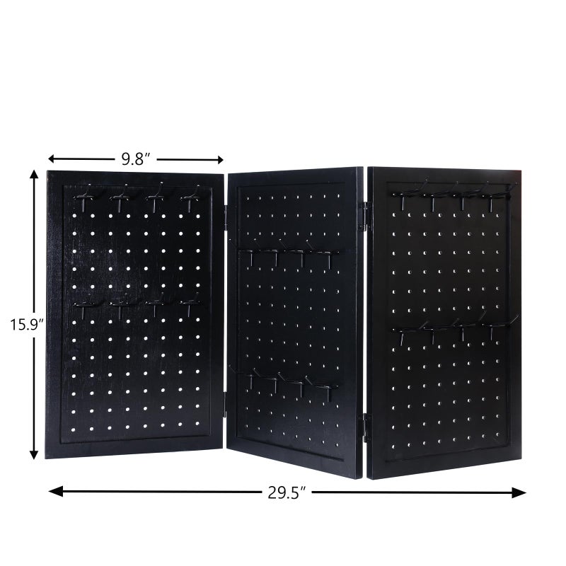 humberboat Wooden Foldable and Portable 3-Panel Pegboard Jewelry Display Organizer with 24 Removable Black Metal Hooks for Bracelets, Earrings and Keychains, Versatile Countertop Rack for Store, Black - Image 2
