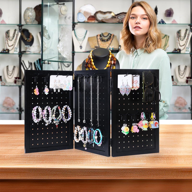humberboat Wooden Foldable and Portable 3-Panel Pegboard Jewelry Display Organizer with 24 Removable Black Metal Hooks for Bracelets, Earrings and Keychains, Versatile Countertop Rack for Store, Black - Image 3