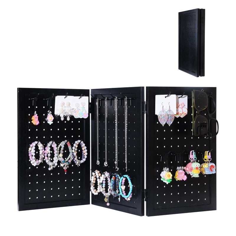 humberboat Wooden Foldable and Portable 3-Panel Pegboard Jewelry Display Organizer with 24 Removable Black Metal Hooks for Bracelets, Earrings and Keychains, Versatile Countertop Rack for Store, Black - Image 1