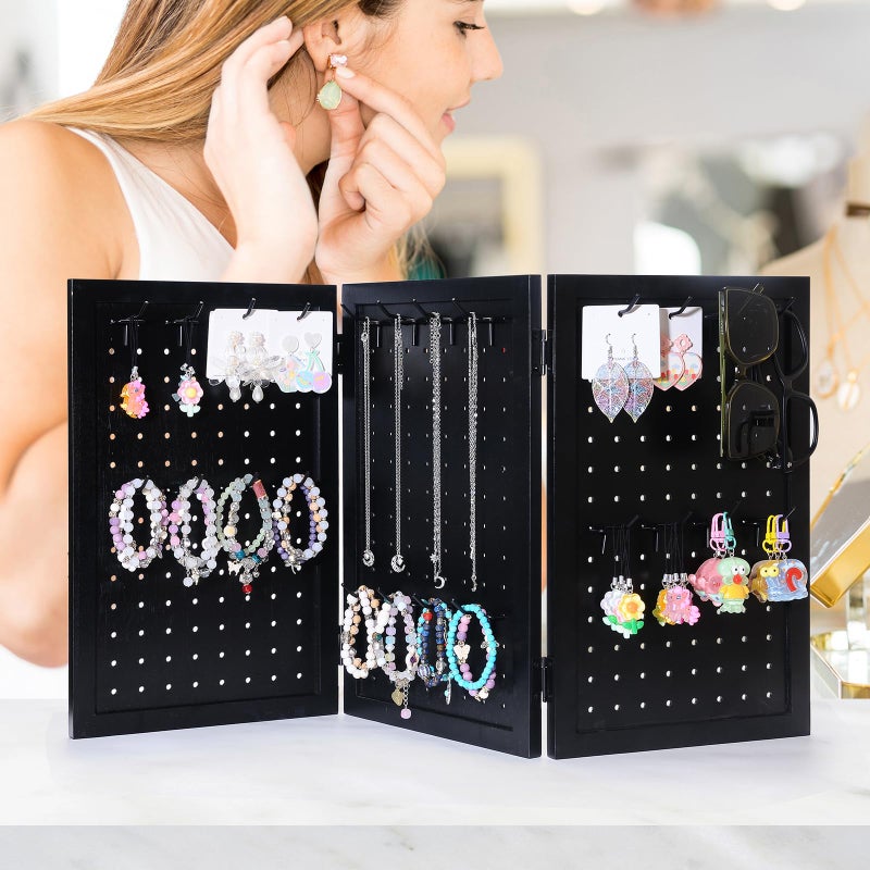 humberboat Wooden Foldable and Portable 3-Panel Pegboard Jewelry Display Organizer with 24 Removable Black Metal Hooks for Bracelets, Earrings and Keychains, Versatile Countertop Rack for Store, Black - Image 4