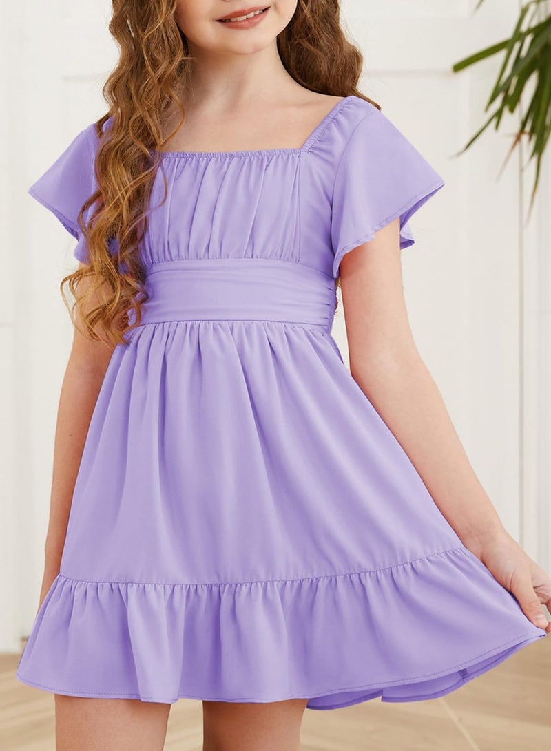 blibean Girls Summer Tie Back Dress Tween Kids Formal Boho Cold Shoulder Cute Dresses Ruffle Beach Short Sleeve Clothing Vestidos NiÃ±as Size 10-11 Years Old Lilac Purple - Image 2