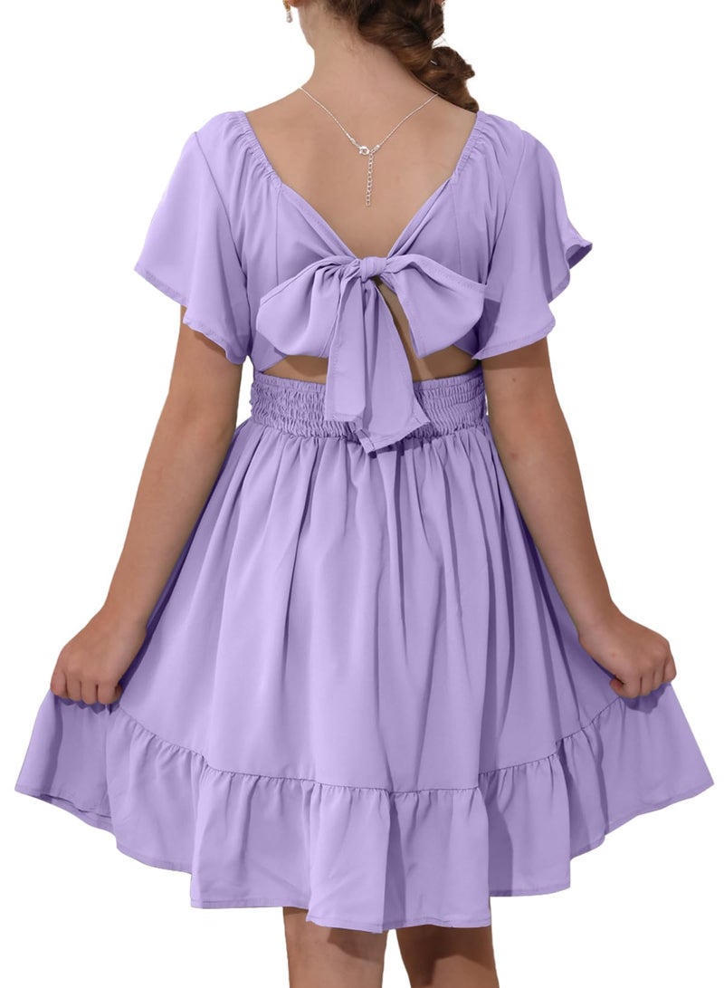 blibean Girls Summer Tie Back Dress Tween Kids Formal Boho Cold Shoulder Cute Dresses Ruffle Beach Short Sleeve Clothing Vestidos NiÃ±as Size 10-11 Years Old Lilac Purple - Image 1