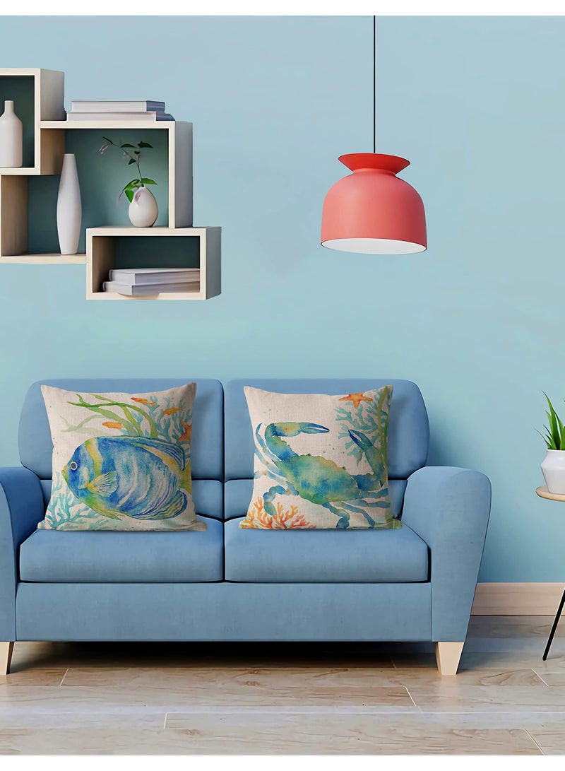 Excefore Coastal Throw Pillow Covers, Set of 4, 18x18 Inch Ocean Beach Pillows Cover with Sea Turtle, Seahorse, Fish, Crab Designs, Summer Theme Decor for Patio, Couch, Sofa - Image 1