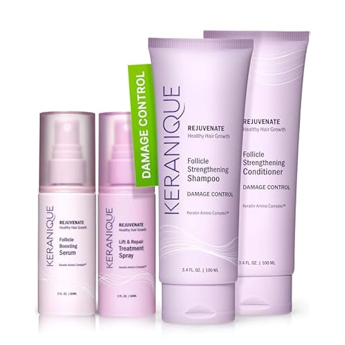 Keranique Damage Control Set for Thinning Hair - Shampoo & Conditioner for Damaged Hair, Follicle Booster Serum, Lift & Repair Spray - Keratin Enriched Repair Products for Dry, Thin Hair - Travel Size - Image 1