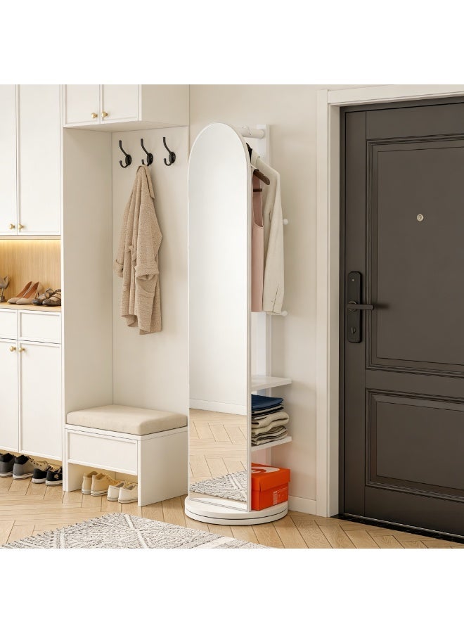 360° Swivel Full Length Mirror with Clothing Rack and Storage Shelves, Rotating Standing Mirror with Coat Hooks, Arched Full Body Mirror for Bedroom, Entryway, Dressing Room (CSJ168B) - Image 1
