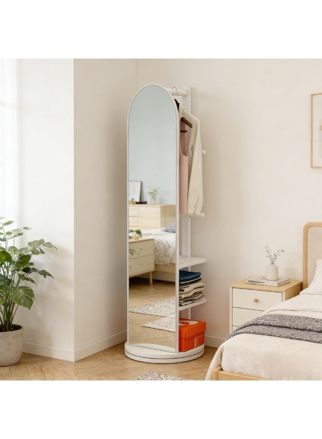 360° Swivel Full Length Mirror with Clothing Rack and Storage Shelves, Rotating Standing Mirror with Coat Hooks, Arched Full Body Mirror for Bedroom, Entryway, Dressing Room (CSJ168B) - Image 2