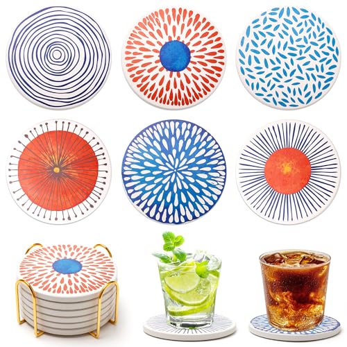 Deceram Funny Ceramic Absorbent Coaster Set of 6 Mid Century Coasters for Drinks Fun Boho Coffee Table Decor Cool Desk Coasters with Holder Unique Kitchen Accessories Outdoor Beach Cute Stone Cup Coaster - Image 1