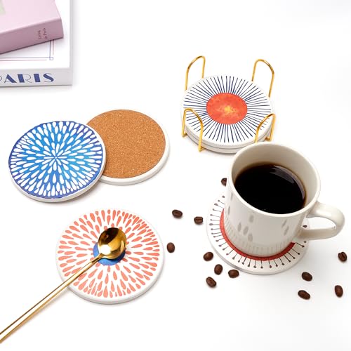 Deceram Funny Ceramic Absorbent Coaster Set of 6 Mid Century Coasters for Drinks Fun Boho Coffee Table Decor Cool Desk Coasters with Holder Unique Kitchen Accessories Outdoor Beach Cute Stone Cup Coaster - Image 3