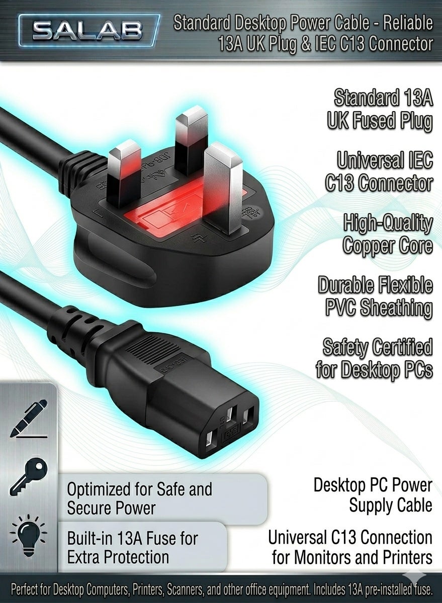 Salab Desktop power cable 3 Pin UK Europe power cord 3 pin desktop power cable LAptop, TV Monitor, Printers, Photo copier, LED,LCD Smart TVs - 1.5m Kettle Lead with support up to 220V, With fuse protection.