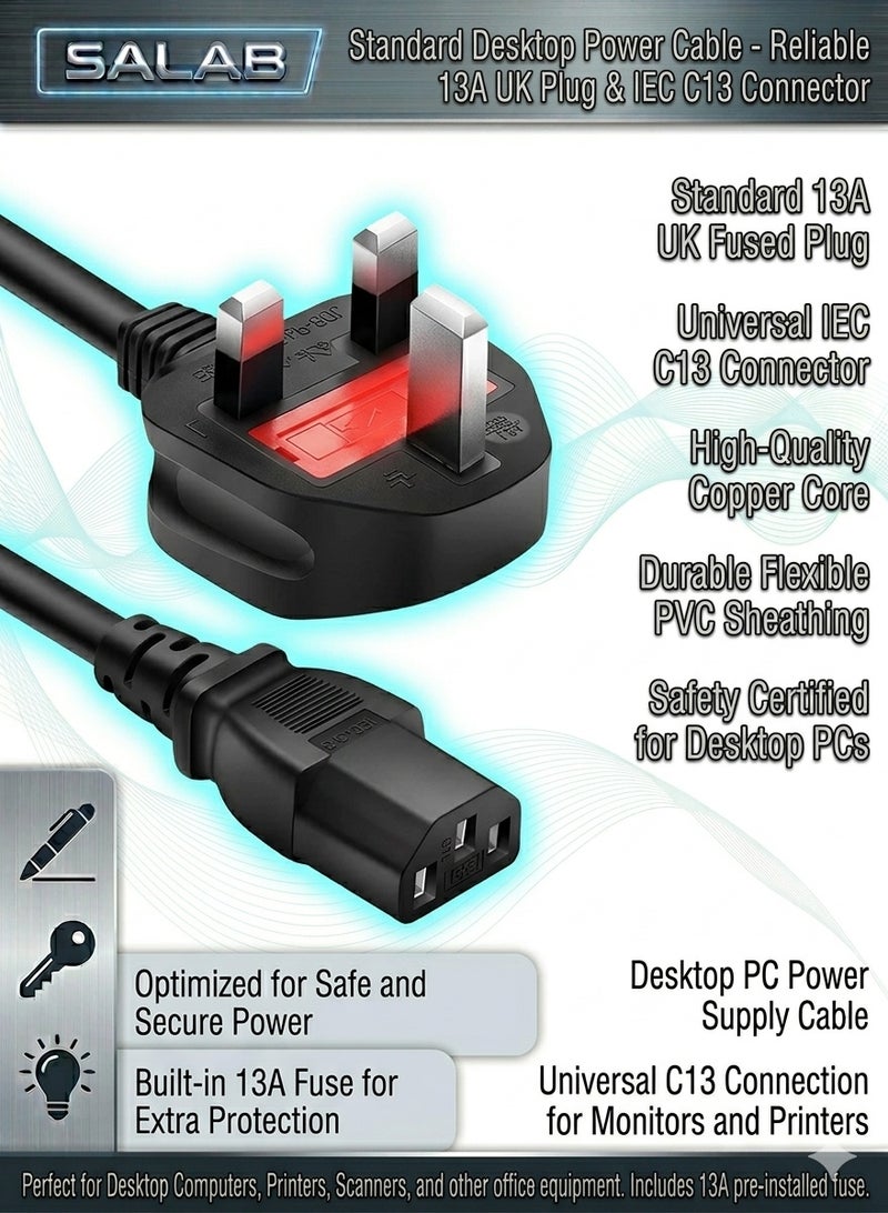 Salab Desktop power cable 3 Pin UK Europe power cord 3 pin desktop power cable LAptop, TV Monitor, Printers, Photo copier, LED,LCD Smart TVs - 1.5m Kettle Lead with support up to 220V, With fuse protection. - Image 1